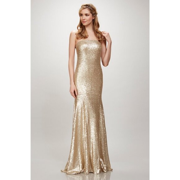 NWT Theia Bridesmaids Gigi Matte Gold Sequins Gown - Picture 1 of 12